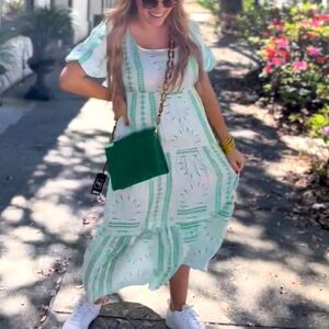 Emily McCarthy Daphne Dress – Royal Palm Print, Puff Sleeve, Tie Back, Size S